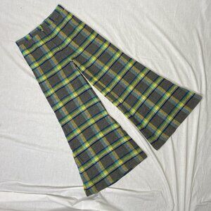 MOD bell bottom wool blend pants size 31x31 18" bells gray green blue plaid 60s